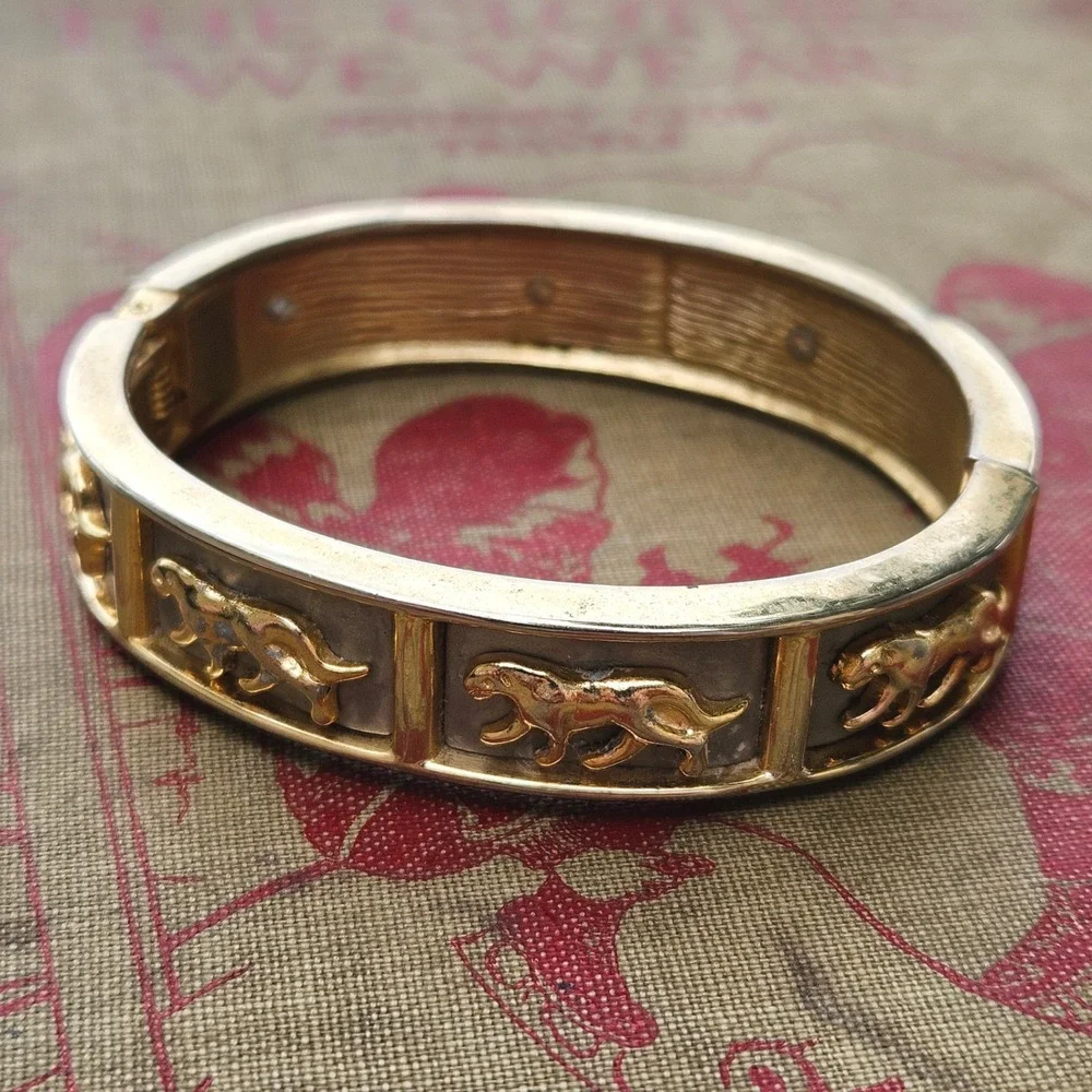 Vintage 80s Gold Silver Tone Panther Hinged Bangle Bracelet Big Cat Statement